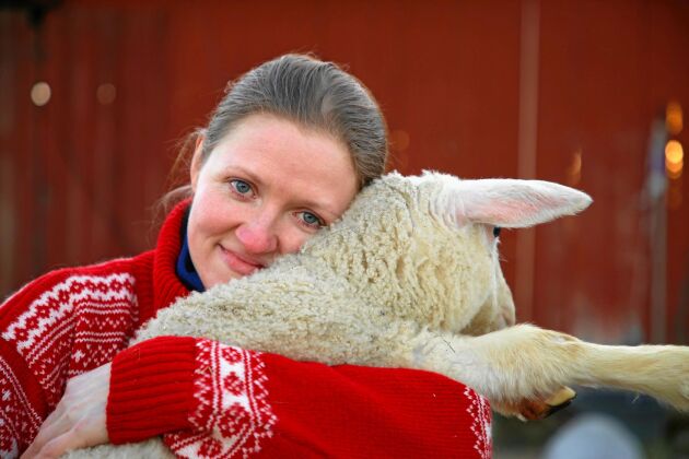  Caroline gosar med ett av alla gårdens lamm. Hon visste ingenting om lamning först men lärde sig snabbt att tyda tackornas beteende och att dra ut ett lamm.