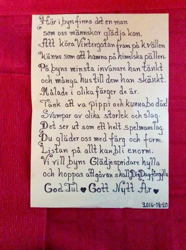Brevet som Leif fick i samband med presenten från sina grannar. Foto: Privat.