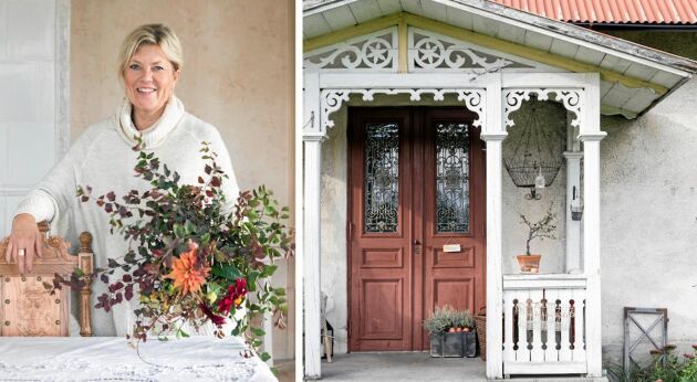  Susanne Johansson var tidigare florist och gillar att arrangera buketter från trädgården. Förstukvisten är vacker med snickarglädje.